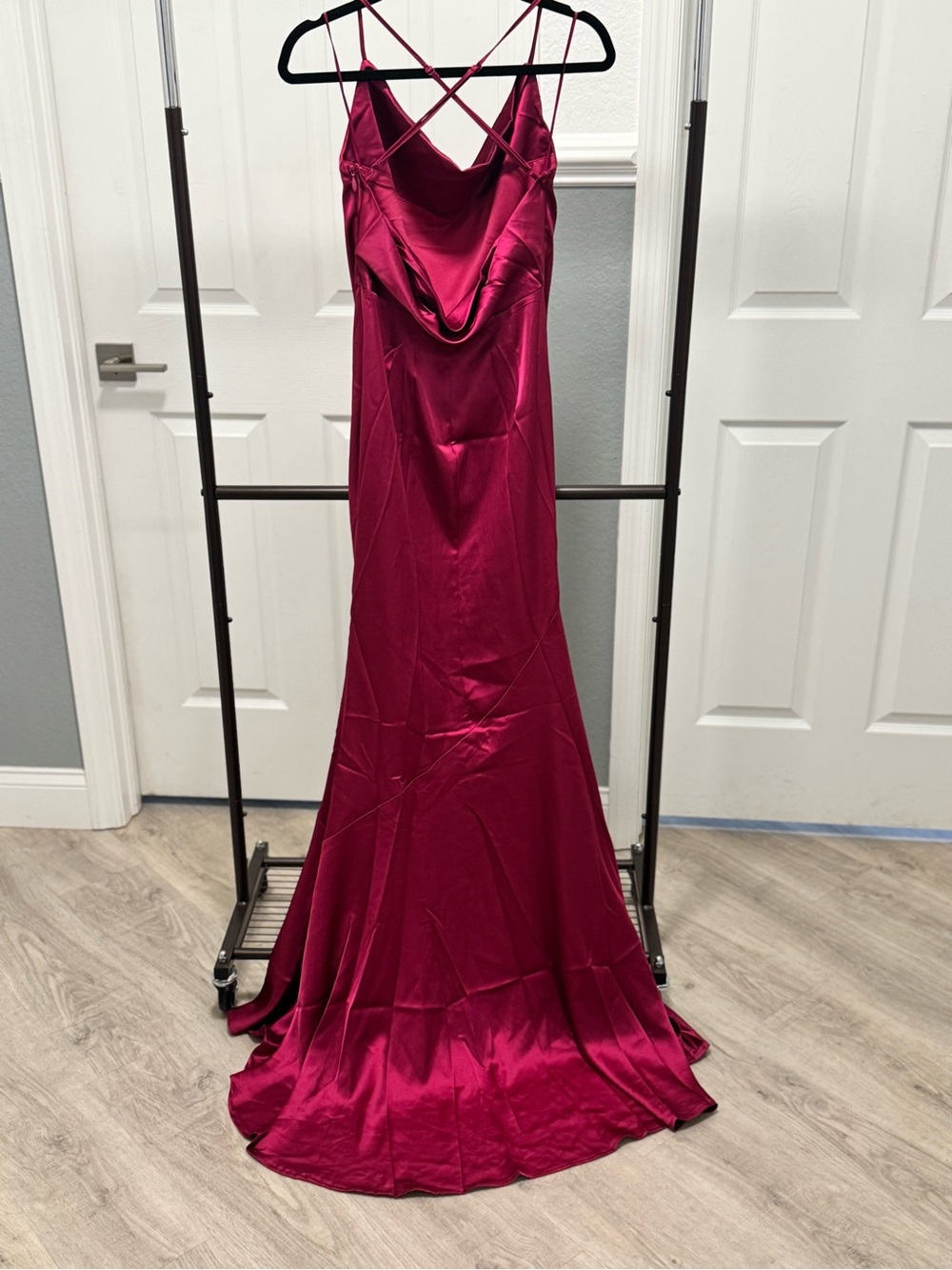 Satin Fuchsia Cowl Neck Prom Dress with Crisscross Straps